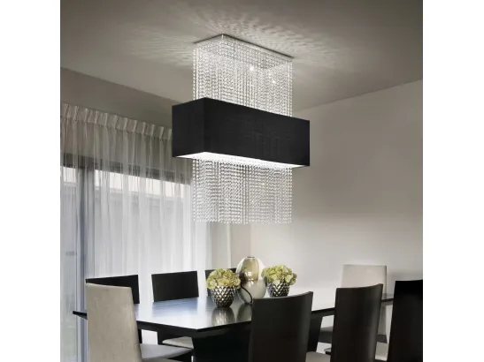 Lampada a sospensione Phoenix con paralume rivestito in tessuto ed elementi decorativi con catene di ottagoni in cristallo molato di Ideal Lux