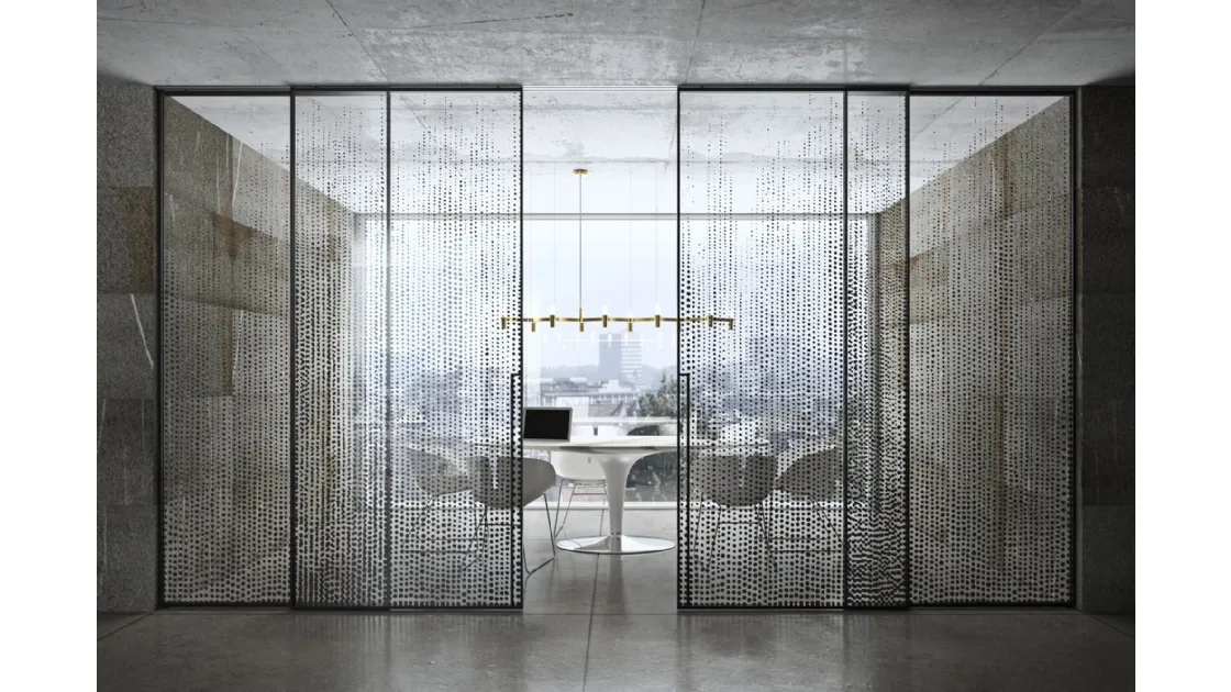Porta per interni Manhattan Scorrevole in vetro trasparente decoro Glitter con telaio in alluminio di Henry Glass