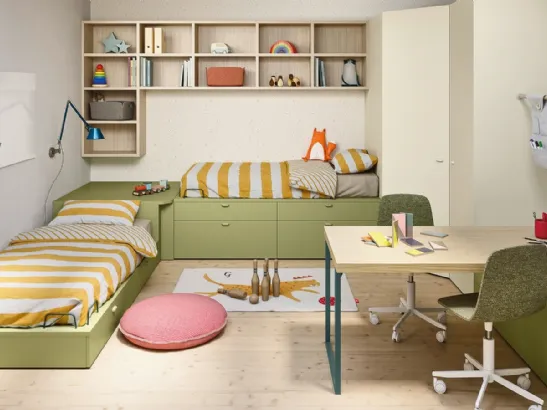 Cameretta su misura con 2 letti e armadio ad angolo Kids space 04 di Nidi
