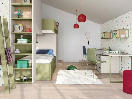 Cameretta a soppalco con scrivania Kids space 17 in melaminico di Nidi