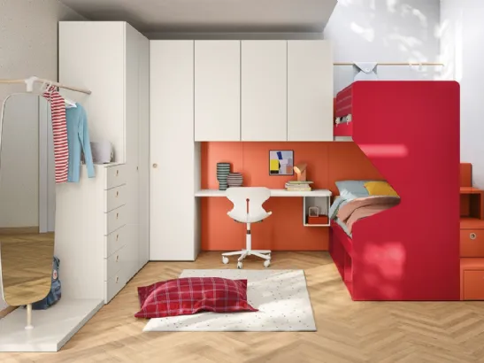 Cameretta a soppalco con scrivania Kids space 18 in melaminico di Nidi
