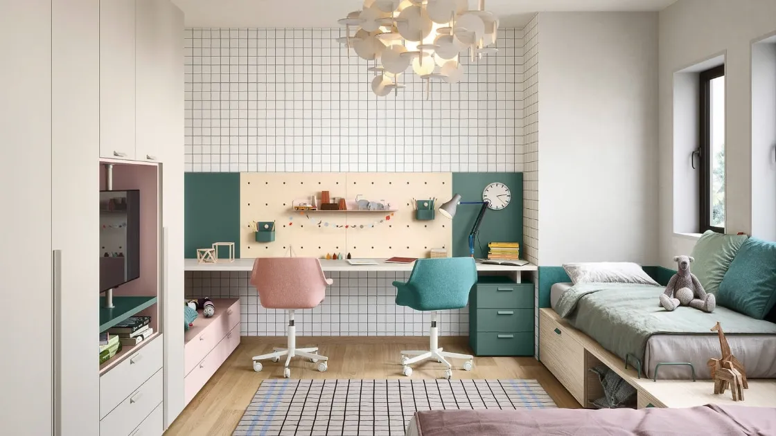 Cameretta componibile a 2 letti con scrivania a parete e armadio a muro Kids space 03 di Nidi