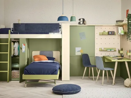 Cameretta a soppalco con scrivania Kids space 11 in melaminico di Nidi