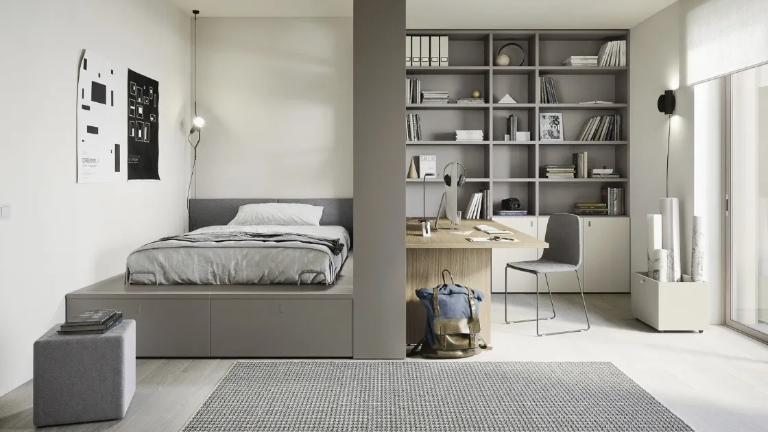 Cameretta componibile con letto su cassettone, scrivania e ampia libreria Next space 02 di Nidi