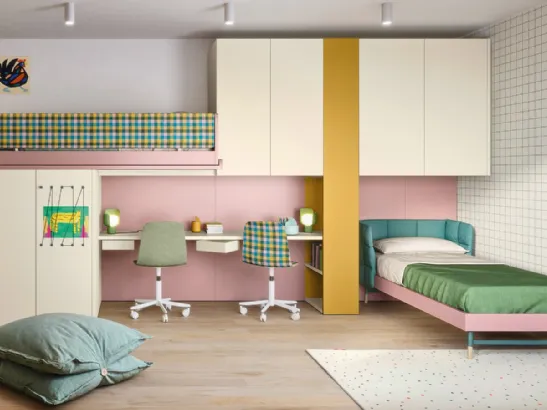Cameretta in laccato opaco con letto ad angolo e a castello Kids space 16 di Nidi