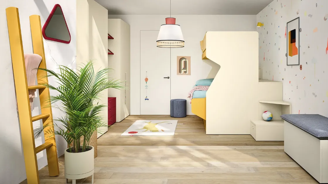 Cameretta in laccato opaco a vari colori con 2 letti a castello Kids space 30 di Nidi
