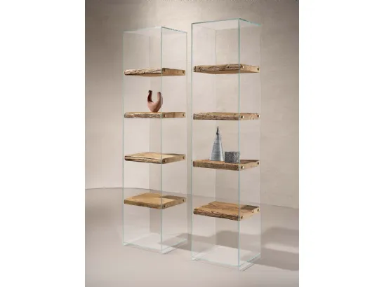 Libreria Frost con struttura in vetro trasparente e ripiani in legno Secolare naturale di Nature Design