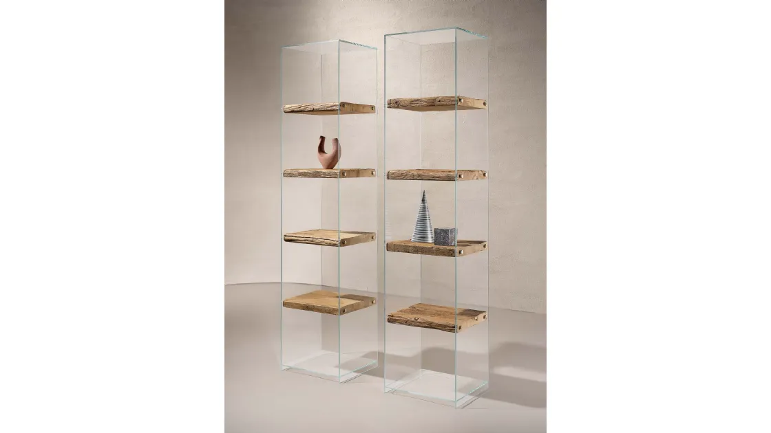 Libreria Frost con struttura in vetro trasparente e ripiani in legno Secolare naturale di Nature Design