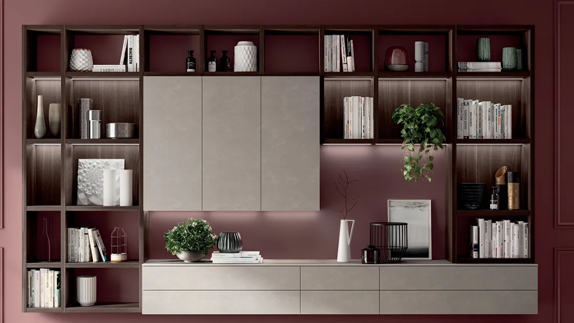 Libreria Living Mood sistema Fluida in decorativo Larice Nuance di Scavolini