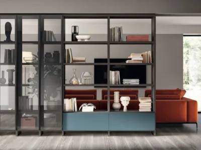 Libreria Living Motus sistema Fluida Grigio Ferro in laccato e alluminio di Scavolini