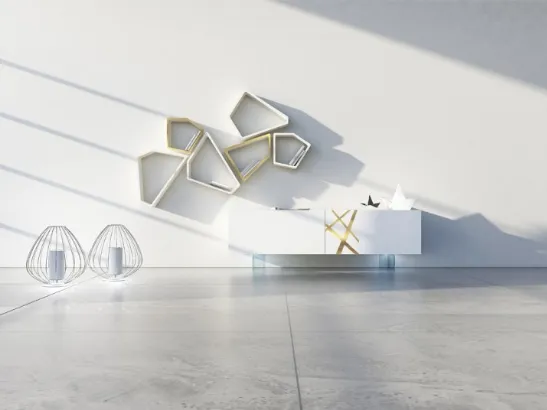 Madia in laccato bianco con particolare in bronzo graffiato e piedi in vetro Comp 25 di Voltan
