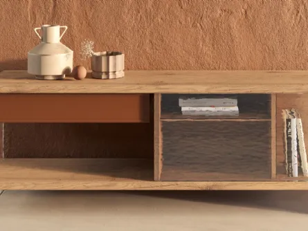 Madia in legno secolare con struttura in vetro e cassetto in cuoio River di Nature Design