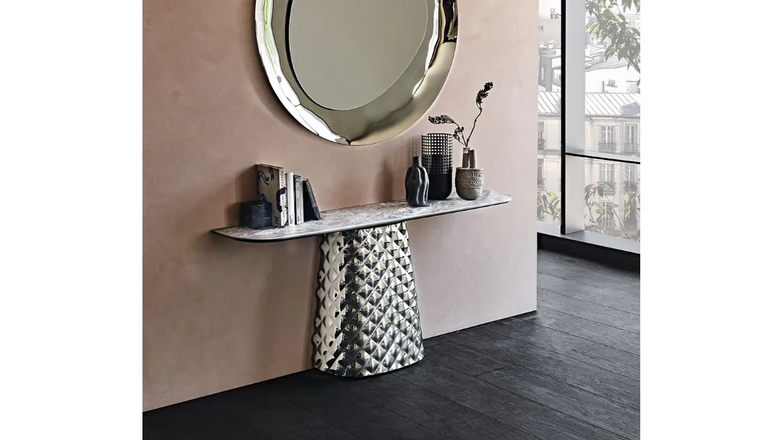 Consolle con piano in ceramica e base in cristallo specchiato Atrium Keramik di Cattelan Italia