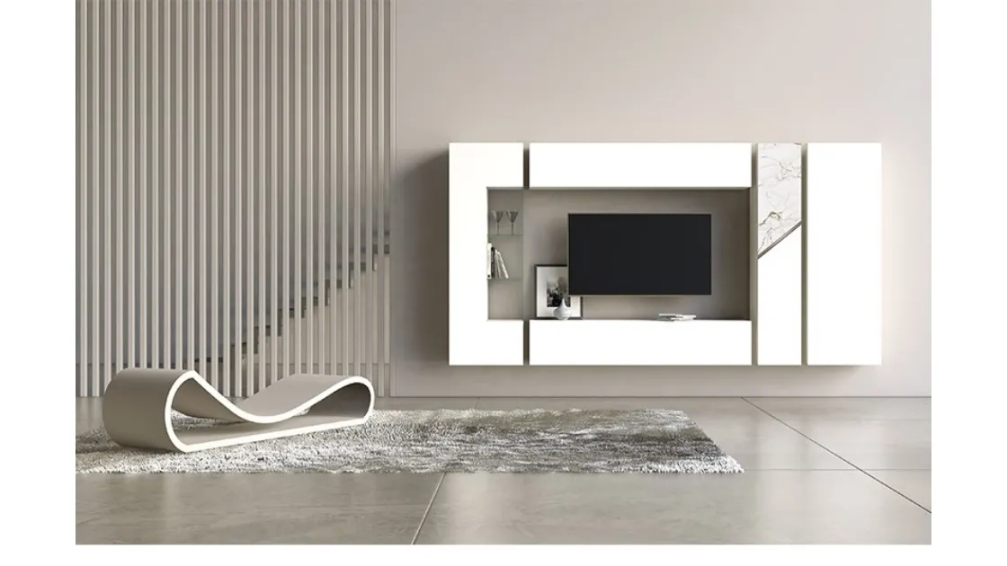 Parete Attrezzata Comp 12 in laccato opaco bianco, ceramica e bronzo graffiato di Voltan