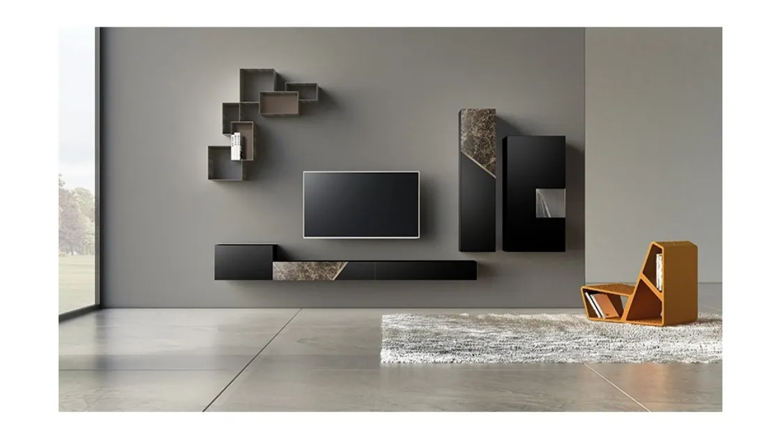 Parete Attrezzata Comp 13 in laccato opaco, ceramica e bronzo graffiato di Voltan
