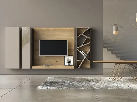 Parete Attrezzata Comp 14 in laccato opaco, ceramica e bronzo graffiato con spalla e piano d'appoggio in legno di quercia di Voltan