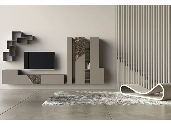 Parete Attrezzata in laccato opaco con inserti in ceramica e bronzo graffiato Comp 15 di Voltan