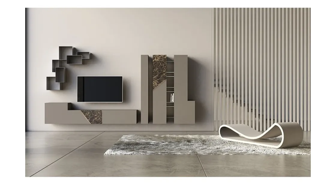 Parete Attrezzata in laccato opaco con inserti in ceramica e bronzo graffiato Comp 15 di Voltan