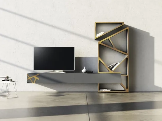 Parete Attrezzata in laccato opaco con inserti in bronzo graffiato Comp 18 di Voltan