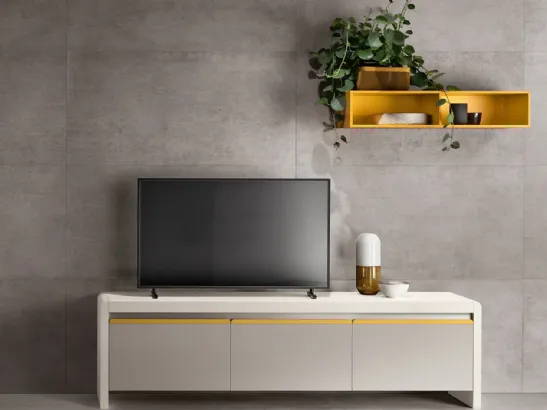 Parete Attrezzata Living Dandy Plus Grigio Velo e Giallo Senape di Scavolini