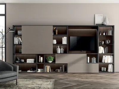 Parete Attrezzata Living Liberamente 06 in Biomalta Argilla e Rovere di Scavolini