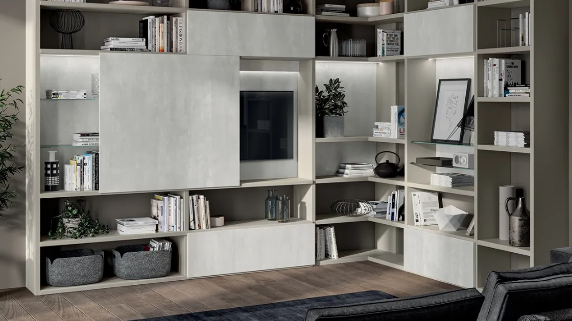 Parete Attrezzata Living Liberamente in decorativo Concrete Jersey di Scavolini