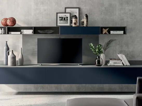 Parete Attrezzata sospesa Living Mood in laccato Blu Moon di Scavolini