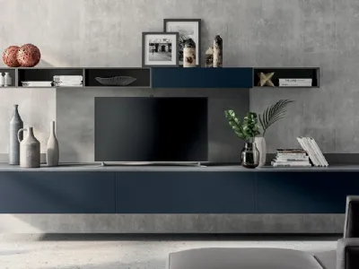 Parete Attrezzata sospesa Living Mood 07 in laccato Blu Moon di Scavolini