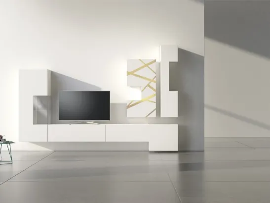 Parete Attrezzata in laccato bianco con inserto in bronzo graffiato Comp 16 di Voltan