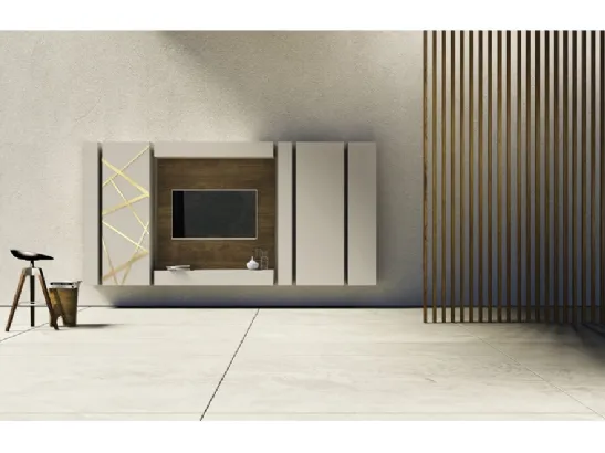 Parete Attrezzata in laccato con decorazione in bronzo graffiato e pannello porta TV in legno di quercia Comp 06 di Voltan