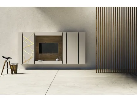Parete Attrezzata in laccato con decorazione in bronzo graffiato e pannello porta TV in legno di quercia Comp 06 di Voltan