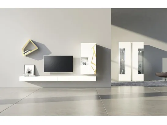 Parete Attrezzata Comp 08 in laccato opaco bianco, con pensile decorato in bronzo graffiato di Voltan