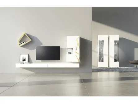 Parete Attrezzata Comp 08 in laccato opaco bianco, con pensile decorato in bronzo graffiato di Voltan