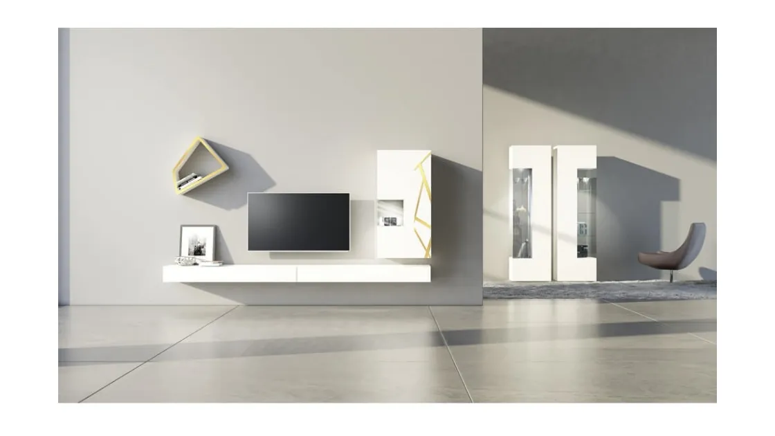 Parete Attrezzata Comp 08 in laccato opaco bianco, con pensile decorato in bronzo graffiato di Voltan