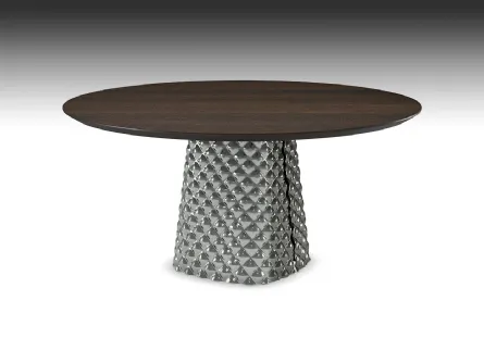 Tavolo con base in cristallo specchiato e piano in legno Atrium Wood Round di Cattelan Italia