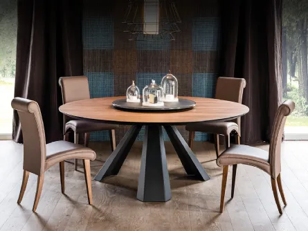 Tavolo in legno con vassoio centrotavola girevole e base in acciaio Eliot Round di Cattelan Italia