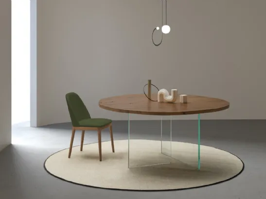 Tavolo Smart Rotondo con piano in legno e base in vetro trasparente di Devina Nais