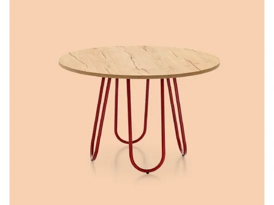 Tavolo tondo in legno di rovere con basamento in tubo curvato rosso, Stulle Table di Connubia