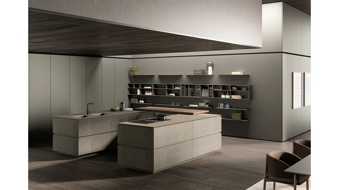 Cucina Design con isola Obliqua 02 in Biomalta Grigio Siliceo di Ernestomeda