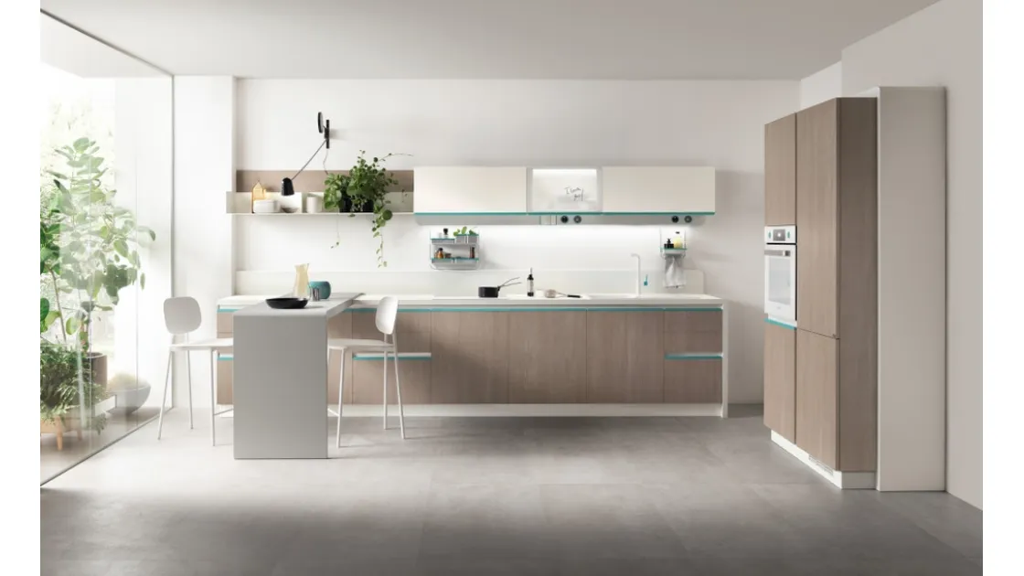 Cucina Moderna Dandy Plus Rovere Gessato con maniglia Blu Agave di Scavolini