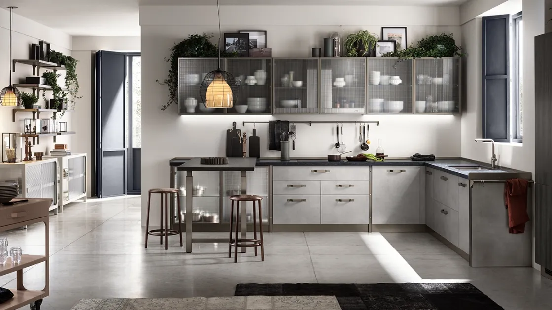 Cucina Moderna angolare con penisola Diesel get Together Industrial Showcases di Scavolini