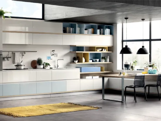 Cucina Moderna Foodshelf lucida Ghiaccio e Azzurro Laguna di Scavolini