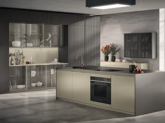 Cucina Moderna Libra in laccato lucido Perlage e Rovere Pepper di Scavolini