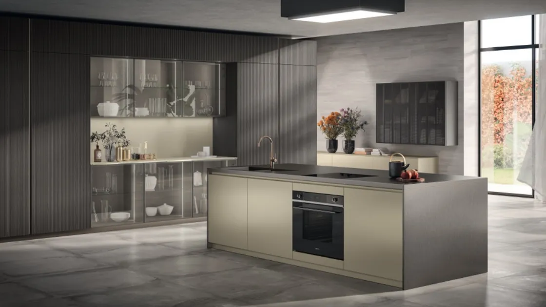 Cucina Moderna Libra in laccato lucido Perlage e Rovere Pepper di Scavolini