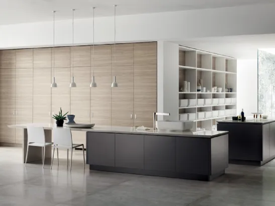 Cucina Moderna Qi in laccato Grigio Ferro ed Olmo Hono di Scavolini