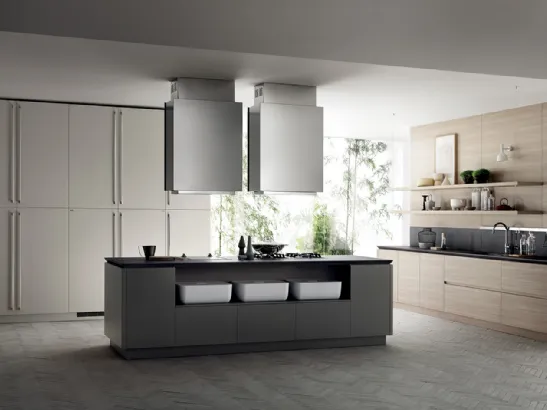 Cucina Moderna Qi Qi in laccato Grigio Titanio, Grigio Chiaro e Olmo Hono di Scavolini