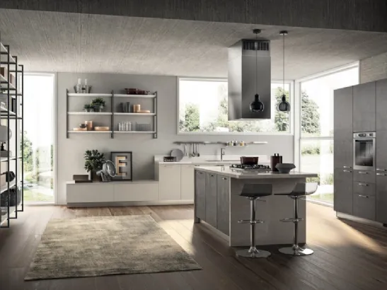 Cucina Moderna con isola Sax in decorativo Concrete Dark e Nebbia di Scavolini