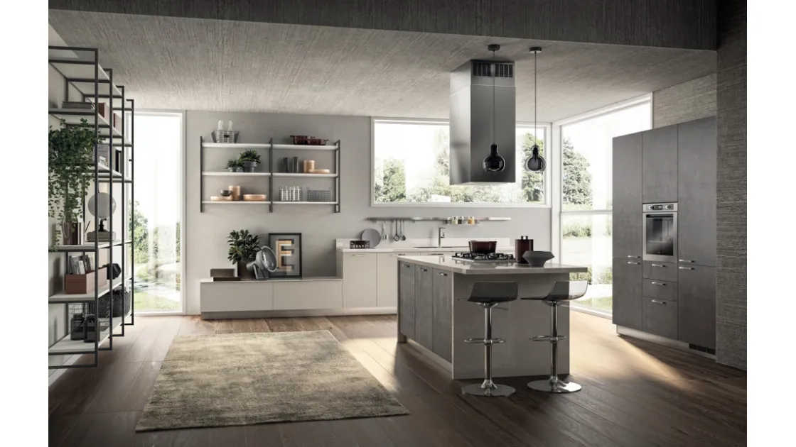 Cucina Moderna con isola Sax in decorativo Concrete Dark e Nebbia di Scavolini