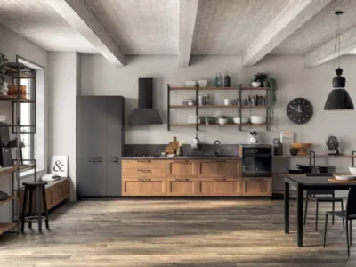 Cucina Moderna lineare Sax 02 in decorativo Rovere Land e laccato opaco Grigio Ferro di Scavolini