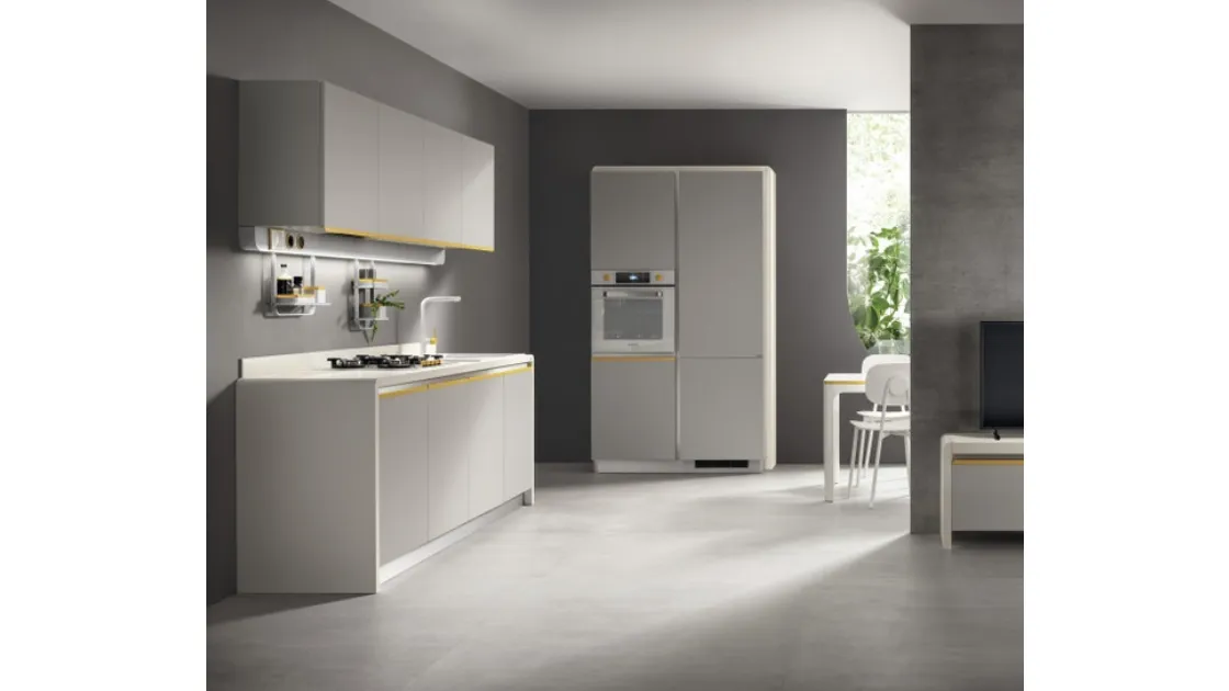 Cucina Moderna Dandy Plus Grigio Velo e maniglia Giallo Senape di Scavolini